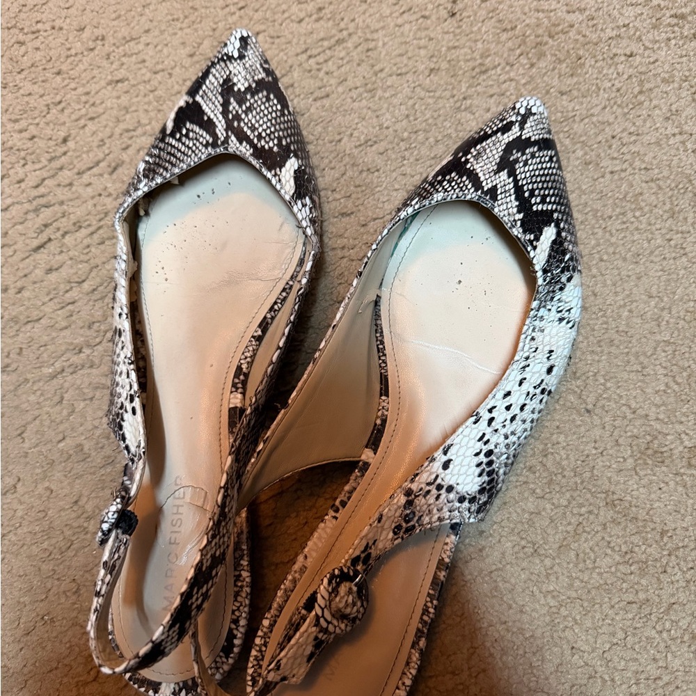 Marc Fisher Snake-Print Pointed Slingback Flats in White and Black
